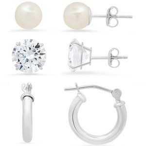 Set of 3 Earrings - 925 silver - Huggy/Pearl/Stud